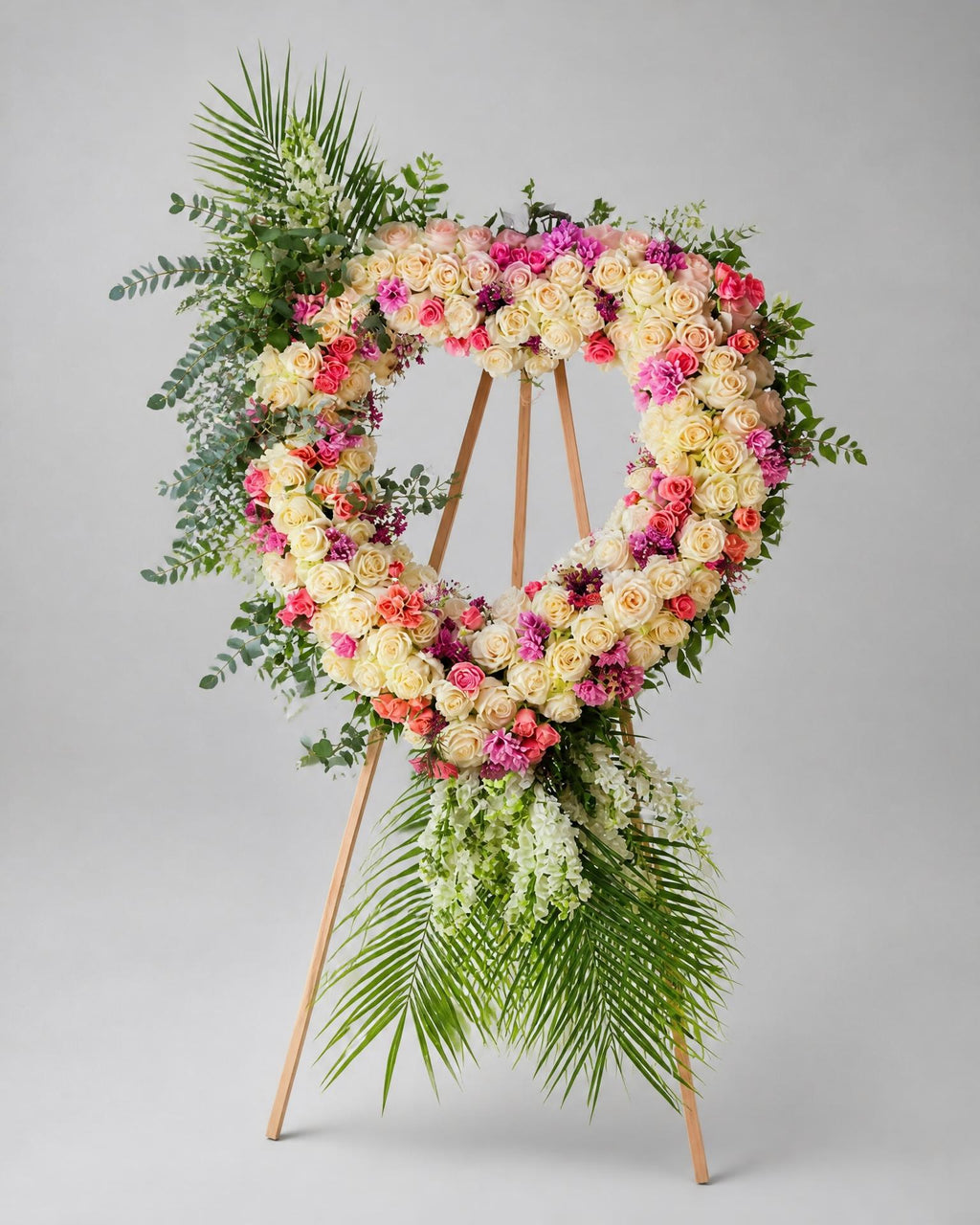 Heart-shaped floral arrangement with pink, white, and green flowers on a stand against a gray background