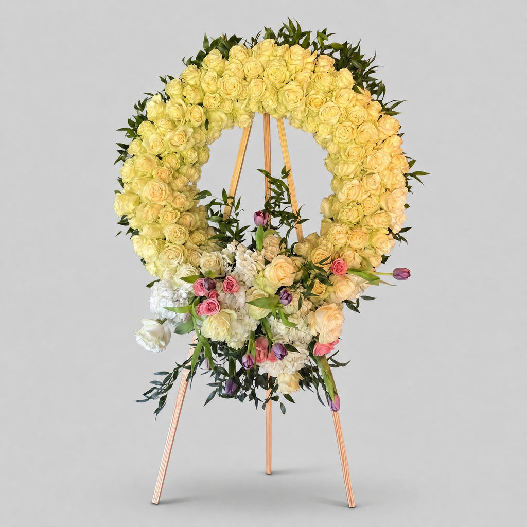 Floral wreath with yellow roses and greenery on a gray background